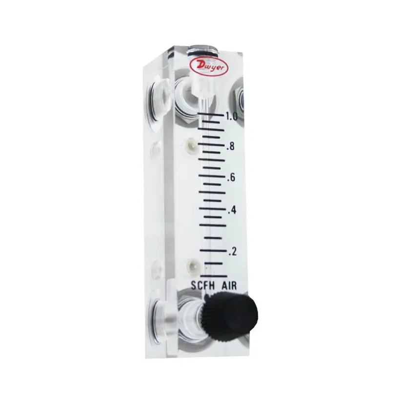 Acrylic Flow Meters for Gases and Liquids - Flow units: SLM, Max. flow: 10, Process connection type: end (1/8" NPT female), Size: 2" (51 mm), Material: Nickel plated brass, Valve type: no valve